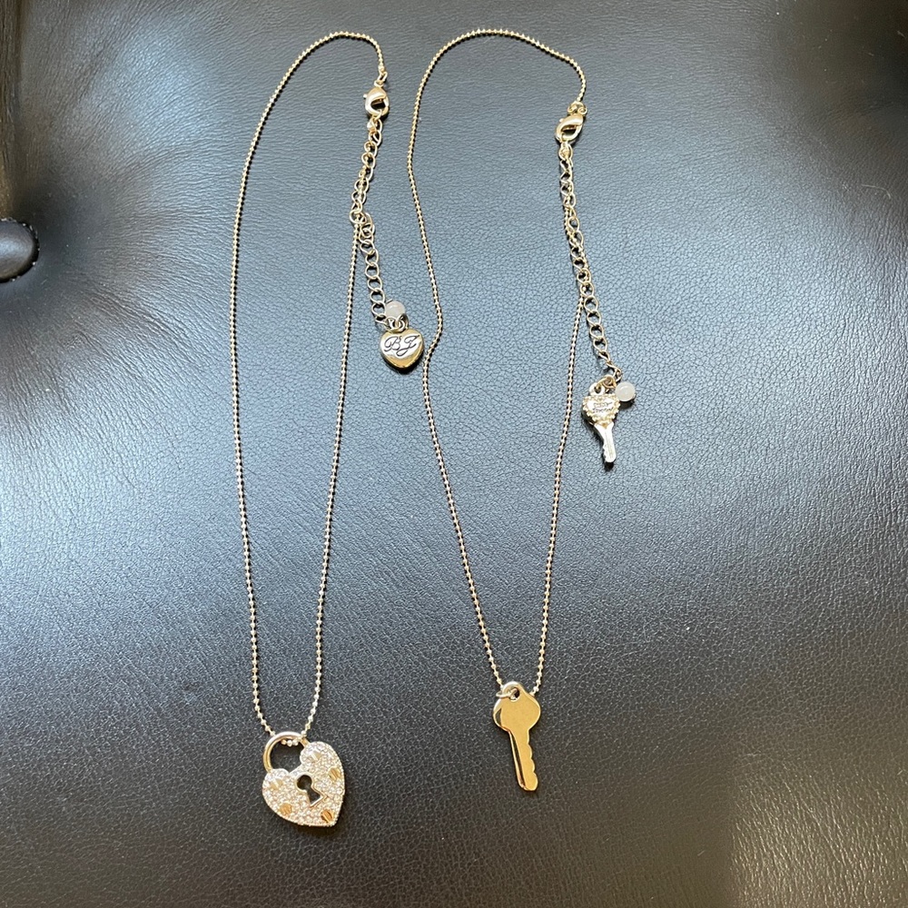 Betsy Johnson 2 Necklaces Set - pave heart lock & gold key charms, NWOT